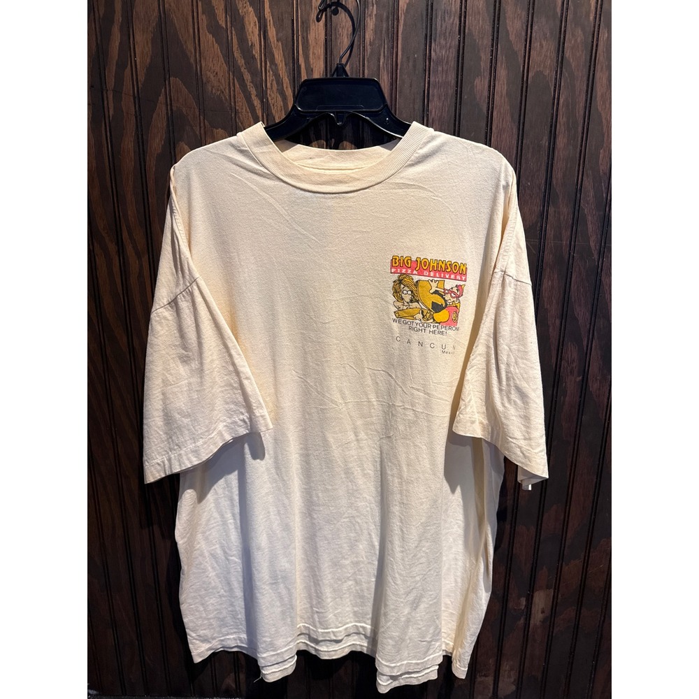 Vintage Big Johnson Pizza Delivery Cancun Mexico Graphic T-Shirt Cream XL 90s